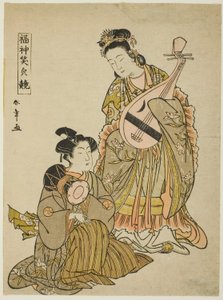 手持琵琶的弁天女神和手持肩鼓的年轻人，选自 "福神的微笑比较（福神 egao kurabe）"系列 作者 胜川俊章