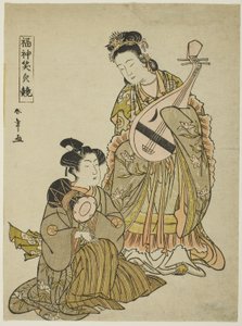 手持琵琶的女神弁天和手持肩鼓的年轻人，来自“幸运神的微笑比较”系列，1780 年代后期（彩色木版画；交版）