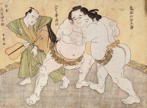 谷面山谷五郎与江户崎杰二的摔跤比赛（彩色木版画） 作者 胜川俊章