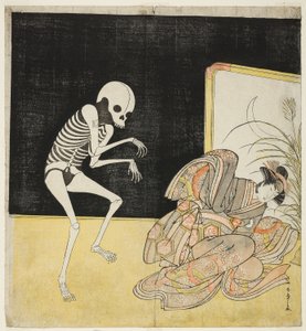 市川团十郎五世饰演骷髅、叛逆僧侣清源的灵魂（左），岩井半四郎四世饰演樱花公主（右），出演话剧《松樱遗事》。