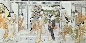 提着菊花篮的年轻女子（彩色木版画） 作者 胜川俊章