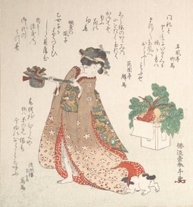 年轻女子背着酒壶参加新年仪式，约1815年。