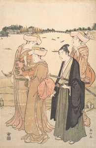 一个年轻的武士和三个女人，约1789年。 作者 胜川顺山