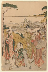 来自Yedo朝圣者的公司，位于Futami海滩后面山上的茶馆外，欣赏美景，1795年（彩色木版画） 作者 胜川顺山