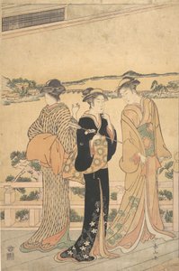 俯瞰海湾的阳台上的三个女人，19世纪末。 作者 胜川顺山