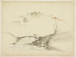 农夫过桥景观，1615-1868年（纸上的墨水和彩色） 作者 北斋葛饰（学校）