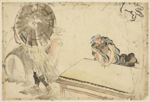 Mochi Maker和Tatami Maker（两个素描），约1815年至1849年（纸上的墨水和彩色） 作者 北斋葛饰（学校）
