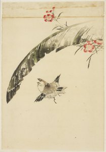 麻雀和香蕉叶和粉红色，1615-1868年（纸上的墨水和颜色） 作者 北斋葛饰（学校）