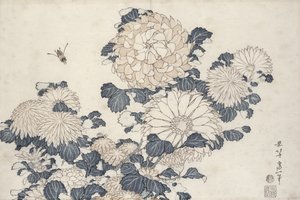 蜜蜂和菊花，系列&39;大花&39;（彩色木版画） 作者 葛饰北斋