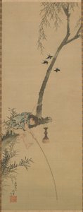 男孩在树枝上钓鱼，江户时期，1839年。 作者 葛饰北斋