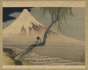 查看富士山的男孩，1839年（丝绸上的墨水和颜色）
