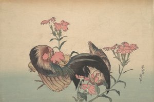 公鸡、母鸡和抚子石竹。 作者 葛饰北斋