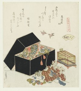 麻雀贝壳
铃贝（物品上的标题）
元禄诗与贝壳的比较（系列标题）
元禄诗歌与贝壳的比较（系列标题附于实物上） 作者 葛饰北斋