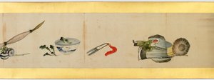 详细的手卷与杂项图像，江户时代，1839墨水和纸上的颜色 作者 葛饰北斋