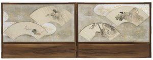 四幅粉丝画：“荷叶上的青蛙”，“房子里的学者”，“风景”，“船和岩石”，江户时代（纸上的墨水和颜色） 作者 葛饰北斋