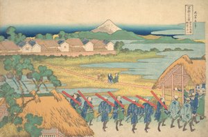从仙居游乐区远眺富士山，仙居歌舞厅的Fu......，约1830-32。 作者 葛饰北斋