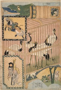 日本笼子和满洲鹤，选自一套集市景点的巨型稻草作品广告 作者 葛饰北斋