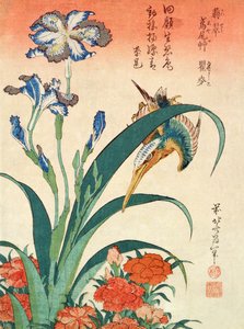 翠鸟，鸢尾花和粉红色，酒吧。作者：Nishimura Eijudo，1832年，十件版画之一（chuban尺寸，彩色木版画） 作者 葛饰北斋
