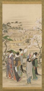 风景：看樱花的男人和女人的聚会，18世纪末-19世纪初。 作者 葛饰北斋