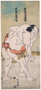 Les lutteurs sumo Takaneyama Yoichiemon and Sendagawa Kichigoro - The Sumo Wrestlers Takaneyama Yoichiemon and Sendagawa Kichigoro par Hokusai, Katsushika (1760-1849).彩色木刻，尺寸：30.6x12.9，约1792，私人收藏 作者 葛饰北斋
