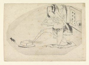 穿腰布的男人、一个盒子和一只老鼠 作者 葛饰北斋