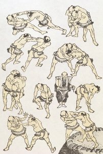漫画：研究摔跤手的姿势和姿势，酒吧。 1849年，（彩色木版画） 作者 葛饰北斋