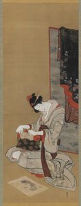 新年风俗：新年早晨化妆，江户时代，c.1806-11（丝绸上的墨水和颜色） 作者 葛饰北斋