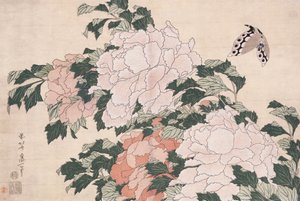 粉红色和红色牡丹在微风和蝴蝶中向左吹 作者 葛饰北斋