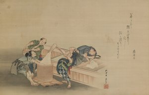 为Mochi捣米，由Momomoto Hinamaro题写，江户时代，1822年（丝绸上的墨水和颜色作为挂轴） 作者 葛饰北斋