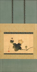 南瓜和藤蔓和马蝇，江户时代，1825年（丝绸上的墨水和颜色） 作者 葛饰北斋