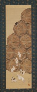 老鼠和稻壳，江户时代，1843年（丝绸上的墨水和颜色） 作者 葛饰北斋