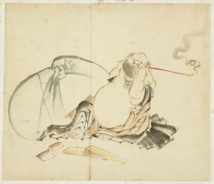 坐着的布袋烟斗，ca。 1815-1849年（纸上的墨水和颜色） 作者 葛饰北斋