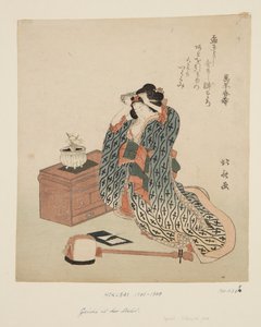 三味线演奏家在调整头发（彩色木版画 作者 葛饰北斋