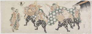 六位男神表演狮子舞，1797-1819（彩色木版画） 作者 葛饰北斋