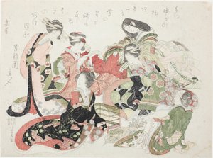 六名妇女围坐在鸟笼周围 作者 葛饰北斋