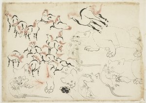 马，猫和老鼠研究（出自“北斋漫画”），约1815年至1849年（纸上的墨水和彩色） 作者 葛饰北斋