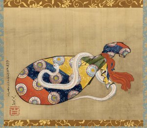 1847年江户时代奔腾的琵琶和白蛇（丝绸上的墨水和颜色） 作者 葛饰北斋