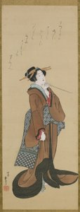 女人拿着烟斗，江户时代，c.1814-15（丝绸上的墨水和颜色） 作者 葛饰北斋