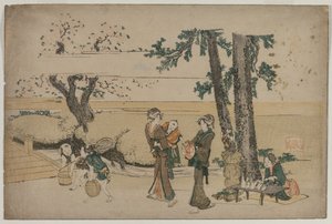 1800年代初期，经过路边商店的妇女在王子寺附近。 作者 葛饰北斋