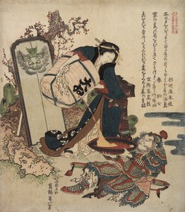 女人从一个酒桶倒入一个大杯举行的战士，c。 1820年至1821年 作者 葛饰北斋