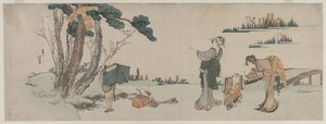 驱散风筝被树困住的孩子的妇女，c。 1800。 作者 葛饰北斋