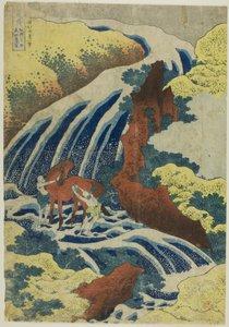 大和省吉野的吉宗洗马瀑布（Washu Yoshino Yoshitsune uma arai no taki），出自 "各省瀑布巡礼（Shokoku taki meguri）"系列。 作者 葛饰北斋