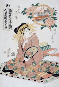 来自Tamaya茶馆的宫女Hanamurasaki手拿扇子，约1830年，Keisai Eisen（1790-1848）的浮世绘艺术版画，Oban-tate-e木刻，38.5 x 26厘米，日本文明