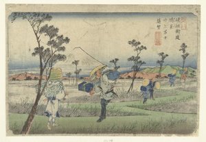 从鸿巢眺望喷泉形状的富士山。 Konosu fukiage Fuji enbo（物体上的标题） 木曾街道的车站（系列名） Kisoji eki（对象上的系列标题） 作者 竹内真八（Hoeido）