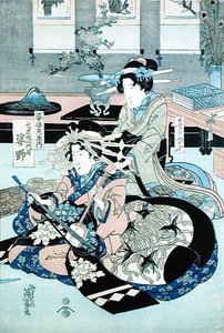 两位坐着的女士，一位在弹奏三味线（木版画） 作者 桂井义生