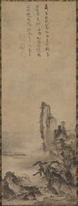 孤独的寺庙和高耸的悬崖，约1480年。 作者 正庆健子