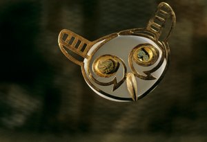 莫切人; 墓葬; Huaca Dos Cabezas-Jecetepeque, 金猫头鹰鼻饰 作者 肯尼思·加勒特