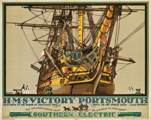 HMS胜利号，朴茨茅斯，海报广告南方电气铁路公司（彩色石版画）