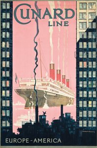 与货运公司Cunard Line，c从欧洲到美国的海报广告旅行。 1925年（彩色石版画）