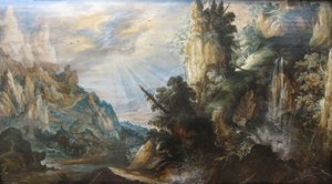 Kerstiaen de Keuninck 创作的《带瀑布的山景》，约 1600 年